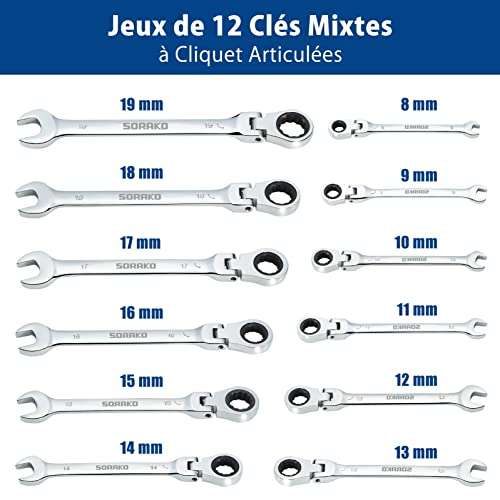[Amazon.fr] SORAKO 12 sztuk klucze z grzechotką na zawiasach 8-19mm
