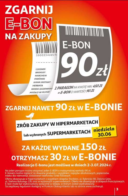 Auchan Bon 30 zł za 150 zł wydane na zakupy w niedzielę 30.06