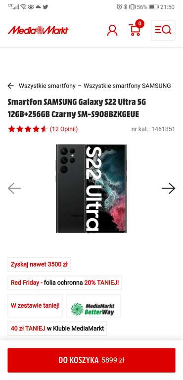 Smartfon SAMSUNG Galaxy S22 Ultra 5G 12GB+256GB Czarny SM-S908BZKGEUE