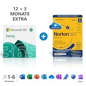 Microsoft Family 365 na 15 miesięcy dla 6 użytkowników + Norton 360, 55.8€