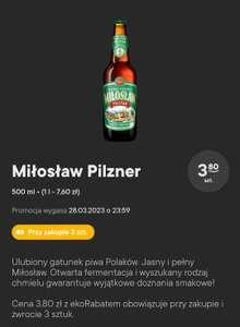 Piwo Miłosław Pilzner, niefiltrowane, marcowe przy zakupie 3 szt. ze zwrotem butelek. Żabka