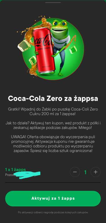Kupon na puszkę coca-cola zero za 1 żappsa Żabka Żabu