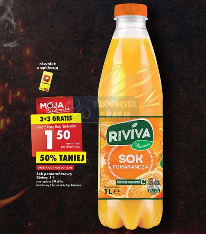 Sok pomarańczowy Riviva 1l 3+3 GRATIS. Biedronka