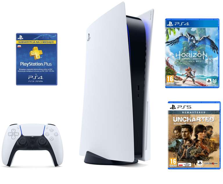 Konsola SONY PlayStation 5 + Horizon: Forbidden West + Uncharted: Kolekcja Dziedzictwo Złodziei + PlayStation Plus 90 dni