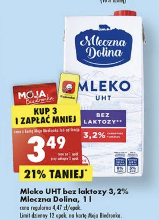 Mleko bez laktozy Mleczna Dolina 21% taniej przy zakupie 3 szt.