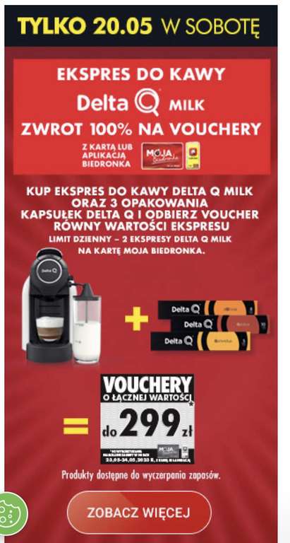 Zwrot 100% na voucher za Ekspres do kawy Delta Q Milk @ Biedronka