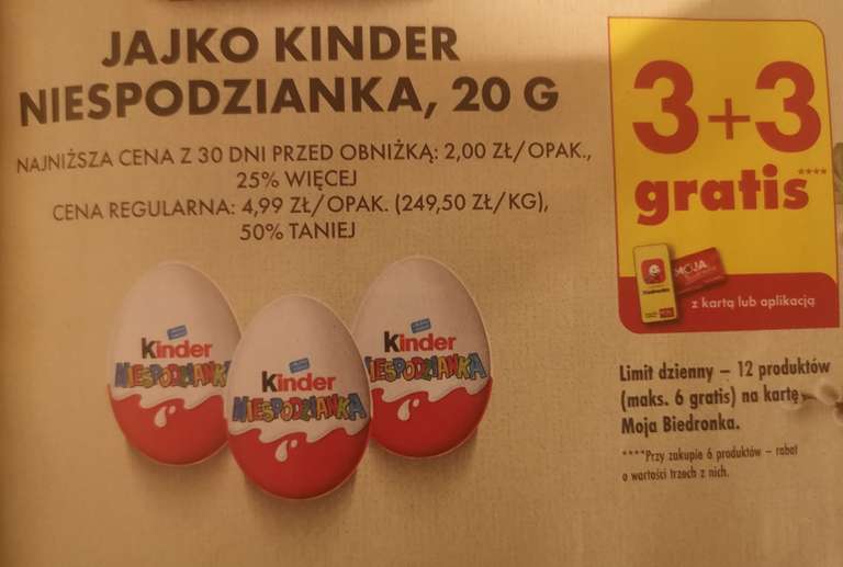 Jajko Kinder niespodzianka 20g 3+3 gratis @Biedronka z kartą Moja Biedronka