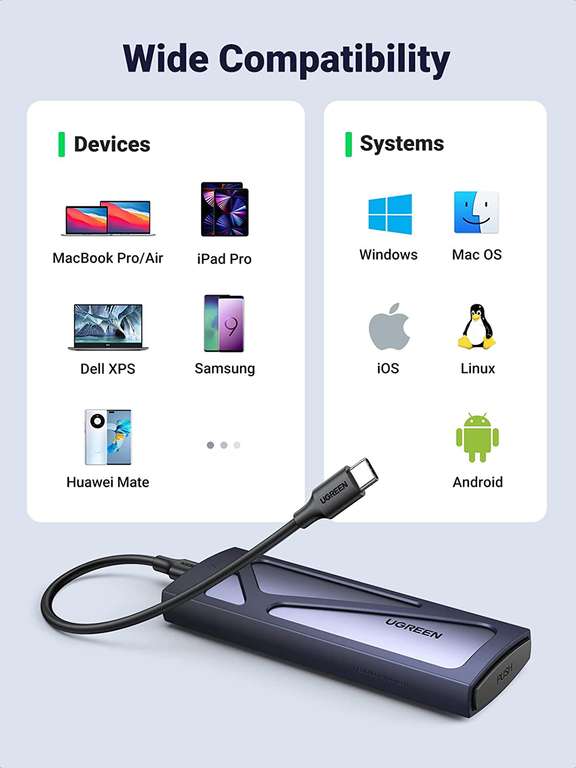 Obudowa na dysk NVMe M.2 UGREEN (USB 3.1, 10 Gb/s, na NVMe PCIe M-Key/M+B Key, 2 kable w zestawie) @ Amazon