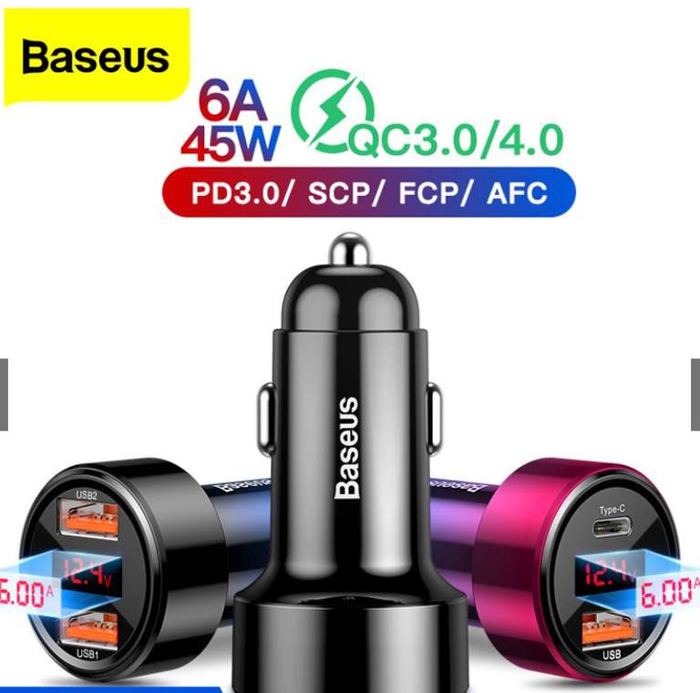 Ładowarka samochodowa Baseus 45w QC 3.0 4.0 z portami USB lub USB C, polerka do nakładania wosku Baseus 47 zł.