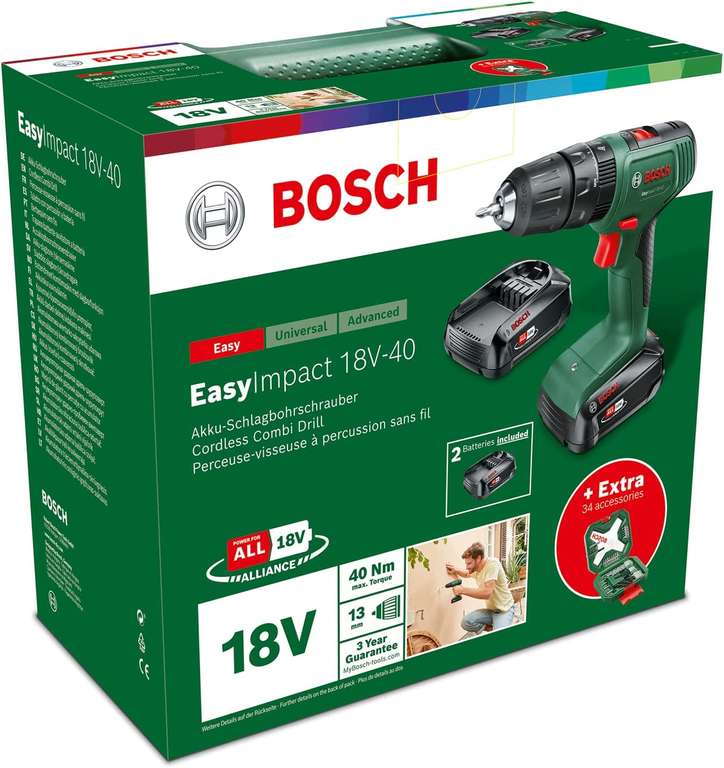 Bosch EasyImpact 18 V-40 akumulatorowa wiertarko-wkrętarka udarowa (1 akumulator 2,0 Ah, system 18 V, w walizce), Zielona, 06039D8107