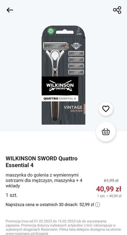 Maszynka do golenia Wilkinson sword quattro essential 4 za 40.99zł Rossmana