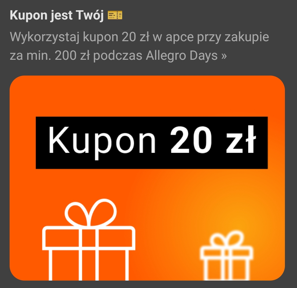 Kupon 20/200zł dla wybranych z okazji Allegro Days w apce @ Allegro