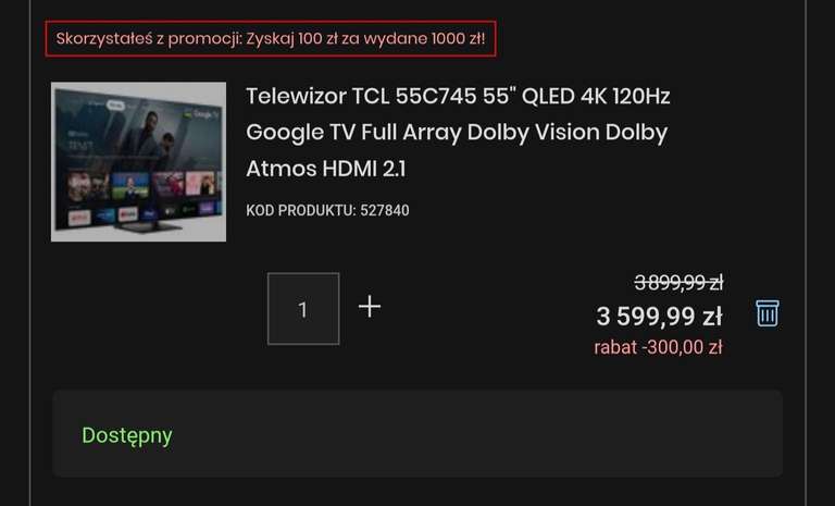 Telewizor LCD TCL 55" C745 / 4K HDR / FALD / 1000 nit / 144Hz (FullHD 240Hz) / GoogleTV / QLED / Dolby Vision / HDMI 2.1