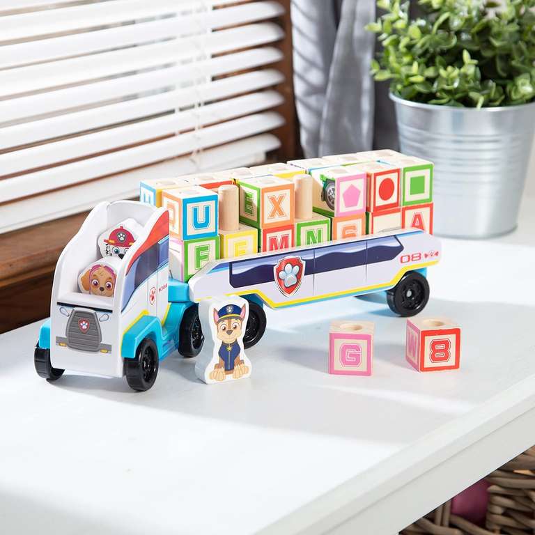 Psi Patrol ciężarówka z drewnianymi figurkami i klockami z grafikami pojazdów i alfabetu
