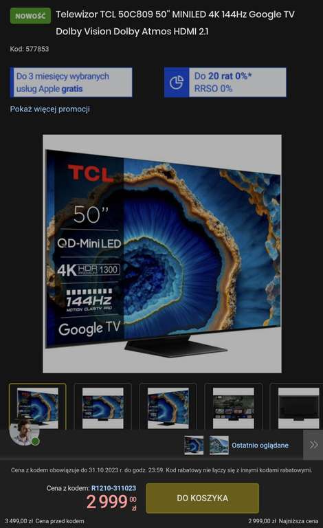Telewizor LCD TCL 50" C809 | 4K HDR | MiniLED | QLED | VA | 240Hz | GoogleTV | 1300 nit | 336 stref | HDMI 2.1 | Dolby Vison | Dolby Atmos