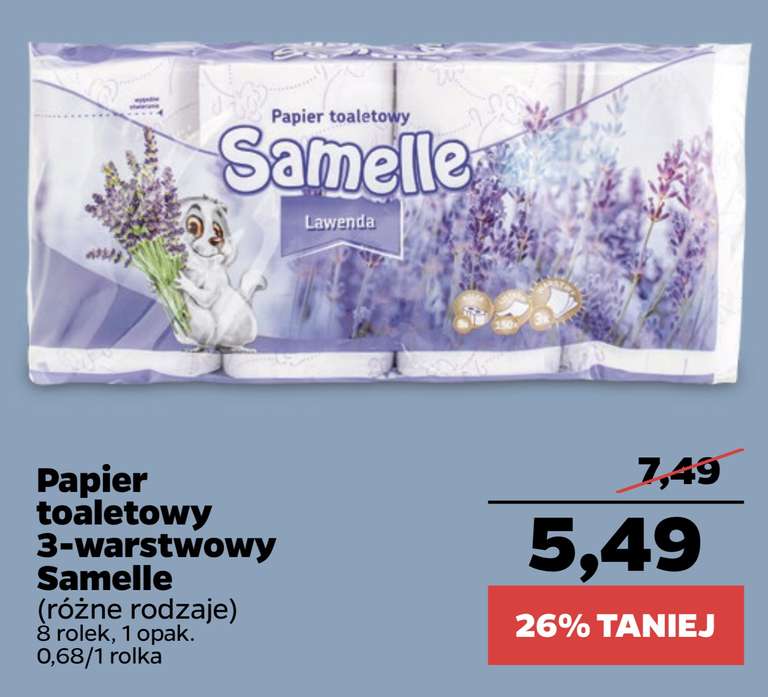 Papier toaletowy Samelle 8 rolek różne rodzaje Netto