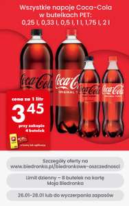Coca-cola 0,5l za 1,72 zł / wszystkie butelki 3,45 zł za litr przy zakupie 4 sztuk