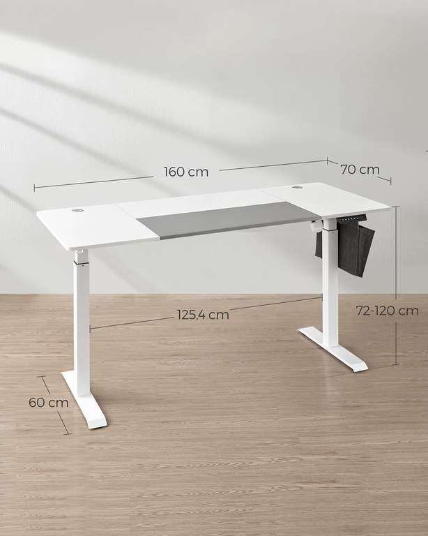 SONGMICS Elektryczne biurko z regulacją wysokości, białe, 70 x 160 x (72-120) cm | stelaż w opisie
