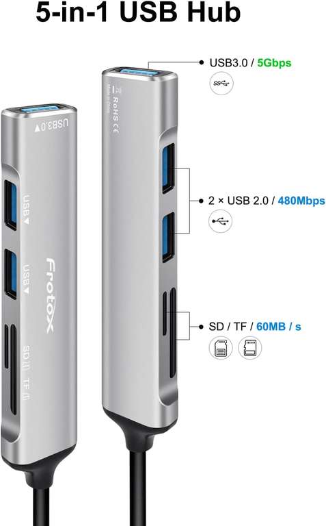 Frotox - mini HUB USB 5 w 1 z Czytnikiem Kart SD/Micro TF, 1 x USB 3.0, 2 x USB 2.0, SD/Micro SD/TF/SDHC/SDXC/MMC itp.