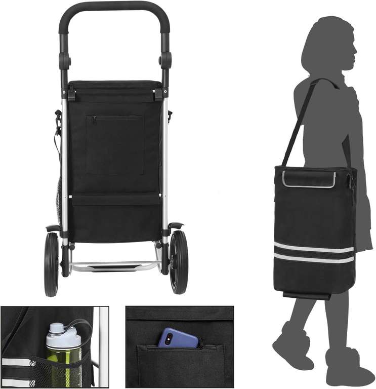 SONGMICS wózek na zakupy, składany, stabilny, z kieszenią chłodzącą, duża pojemność 35 l, wielofunkcyjny, zdejmowana torba, czarny