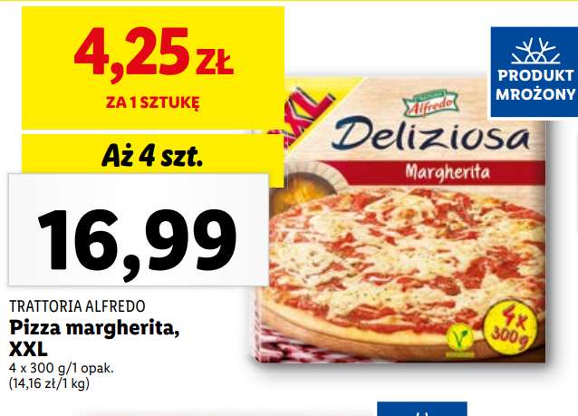 Mrożona pizza margherita w 4-paku za 16,99 zł (4,25zł/pizzę) w Lidl