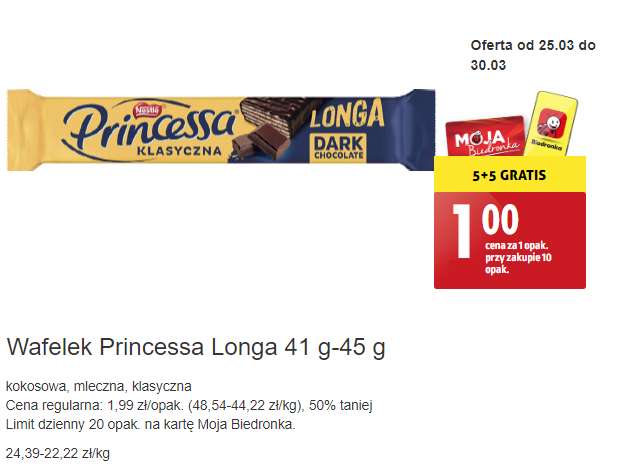Wafelek Princessa Longa 41g-45g 5+5 gratis @Biedronka