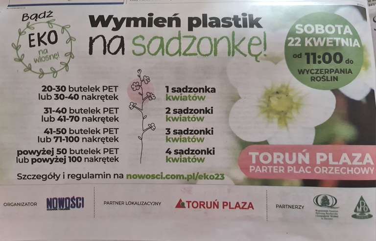 Bądź eko na wiosnę! Wymień butelki PET lub nakrętki na sadzonki kwiatków w Toruń Plaza