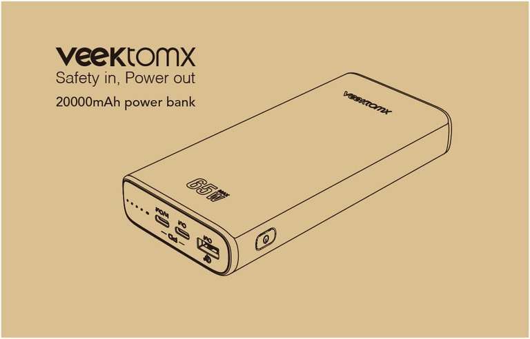 VEEKTOMX Power Bank 20000mAh 65W PD QC4.0 Fast Charge z dodatkowym kablem 100W USB C do C - Prime