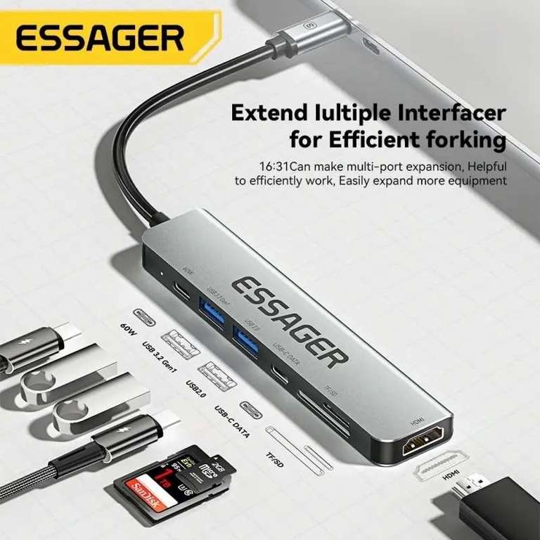 Hub USB Essager 7 w 1 (2x USB, 2x USB-C, HDMI, SD/TF) | Wysyłka z CN | $10.60 @ Aliexpress