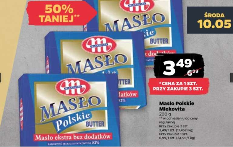Masło Polskie Mlekovita 200g cena 1 sztuki przy zakupie 3 @Netto