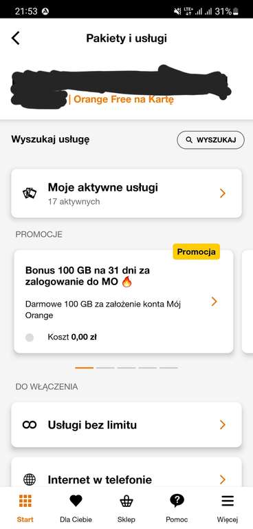 ORANGE - 100GB (31dni) w Aplikacji dla klientów na kartę.