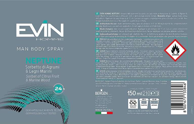EVIN HOMME | 24 Dezodoranty Męskie Spray, Zapach Mieszanka cytrusów i drewna morskiego, Trwałość 24h, 150 ml