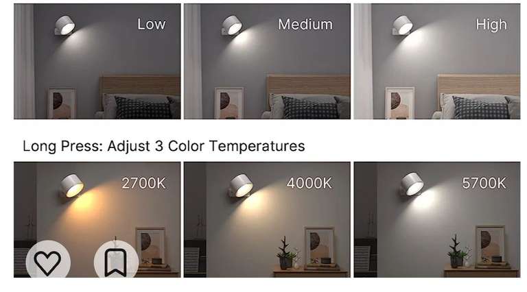 Dwie lampy ścienne z ładowaniem przez USB, 3 kolory i 3 poziomy jasności, obracana o 360°, sterowanie dotykowe