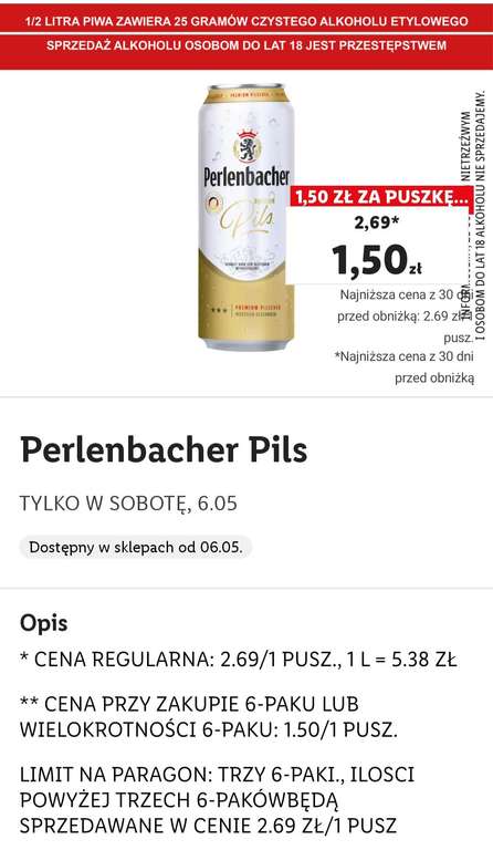 Piwo Perlenbacher Pils 1.50 przy 6 paku