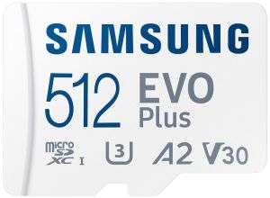 Karta pamięci Samsung microSDXC EVO Plus 512 GB U3, A2, V30 + adapter SD, zapis/odczyt 90/130 MB/s, gwarancja 10 lat