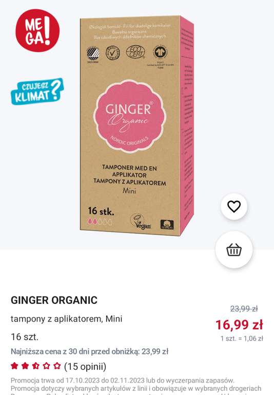 Tampony mini z aplikatorem Ginger Organic