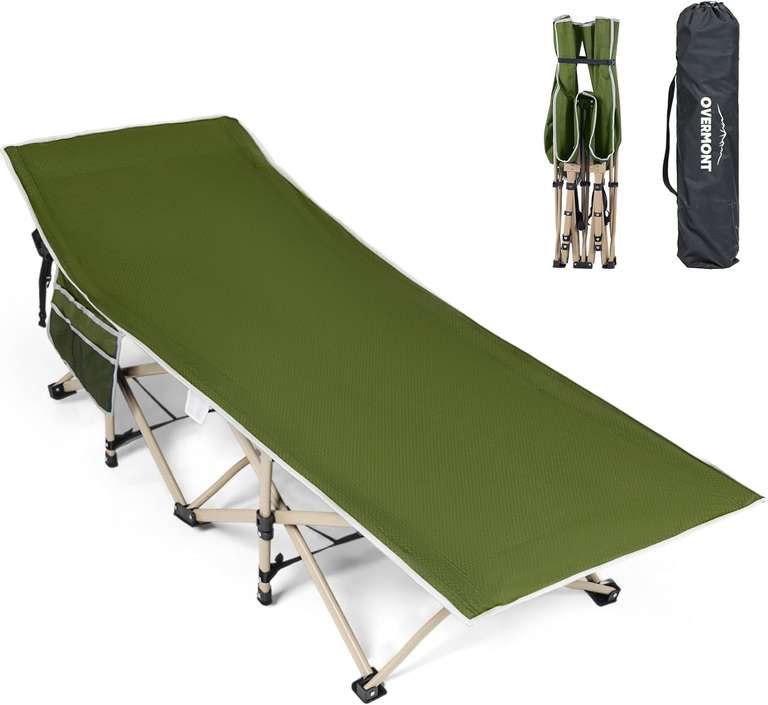 OVERMONT Składane łóżko polowe dla dorosłych – łóżko kempingowe 190 x 71 x 36 cm – obciążenie do 250 kg