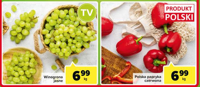 Winogrona jasne i papryka czerwona w cenie 6,99 za 1kg @Carrefour