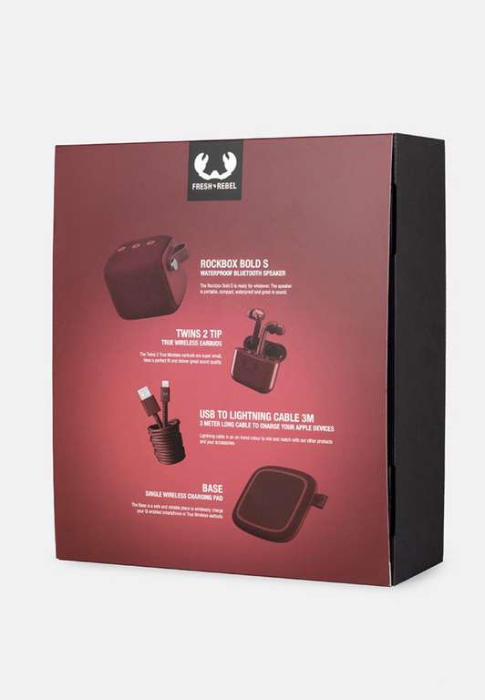 Fresh 'n Rebel zestaw prezentowy głośnik Bluetooth + słuchawki Bluetooth + ładowarka indukcyjna + kabel lighting. Kolor ciemnoczerwony .