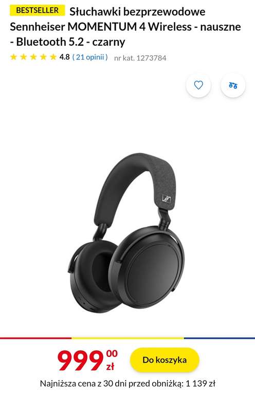 Słuchawki bezprzewodowe Sennheiser MOMENTUM 4 Wireless - nauszne - Bluetooth 5.2 - czarny
