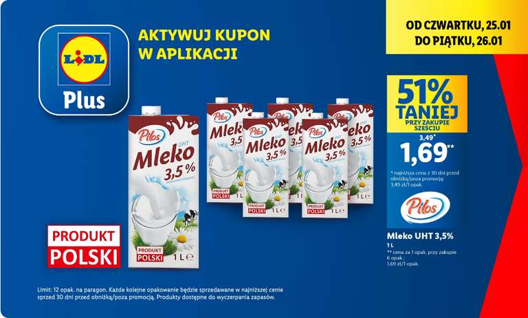 Pilos Mleko UHT 1 l 3,5% opak. cena przy zakupie 6 opak. @Lidl