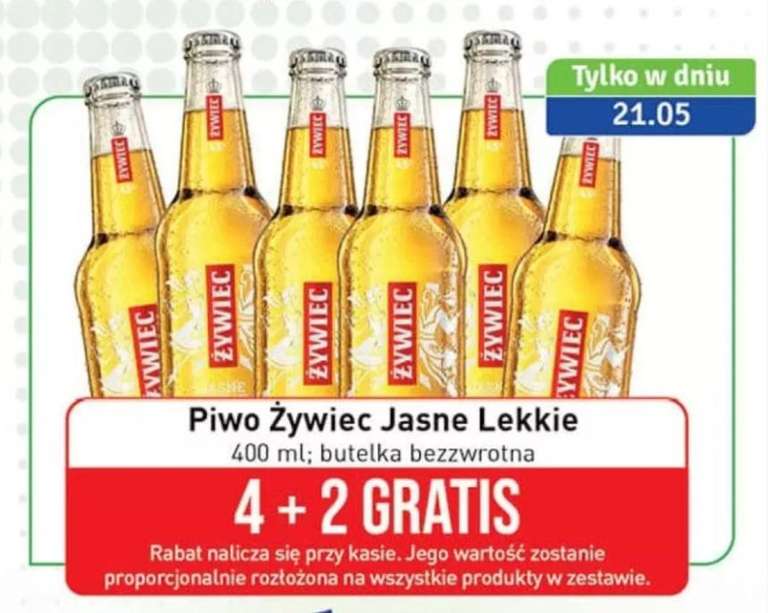 Piwo Żywiec Jasne Lekkie 4+2 gratis w Stokrotce tylko 21/05/2022 (2,12 przy zakupie 6)
