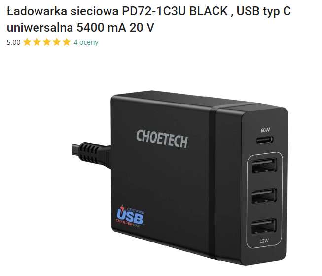 Ładowarka CHOETECH PD721C3U | 4 Porty | Power Delivery 72W | USB-C