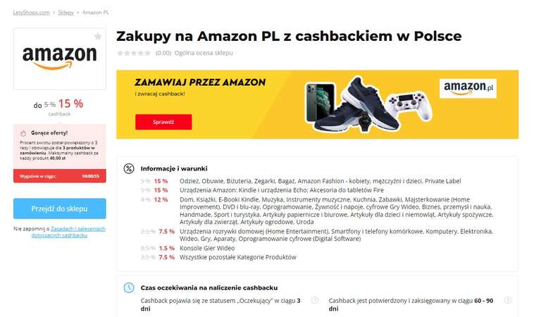 Zakupy na Amazon PL z cashbackiem 15% (max -120zł ) od letyshops w Polsce