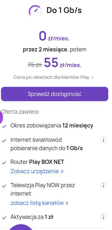 PLAY Internet światłowodowy 1Gb/s plus 2 miesiące za darmo w cenie 55zl/msc zamiast 75zl gratis router PLAY BOX (Oferta na Black Friday)