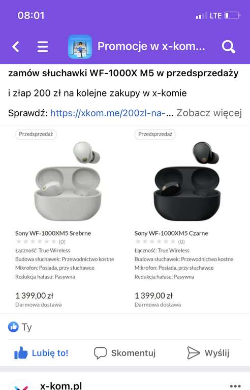 słuchaweki Sony WF-1000XM5 + 200 zł na kolejne zakupy