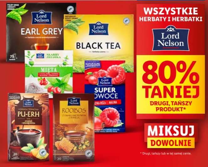 Wszystkie herbaty i herbatki firmy Lord Nelson 80% taniej drugi tańszy produkt z aplikacją Lidl plus