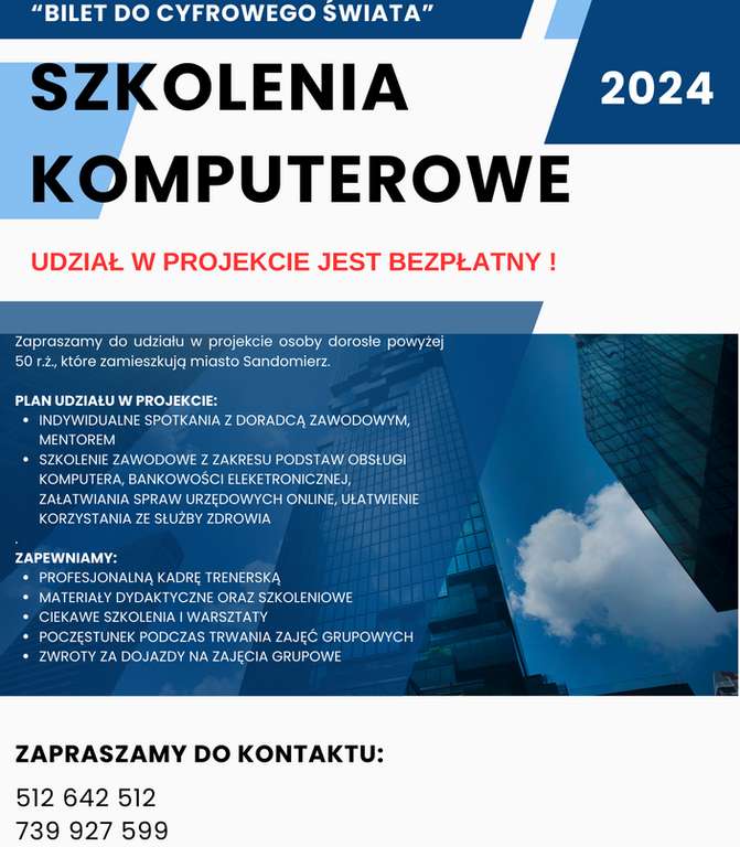 "Bilet do cyfrowego świata" - szkolenie w zakresie kompetencji cyfrowych dla osób 50+, które zamieszkują miasto Sandomierz