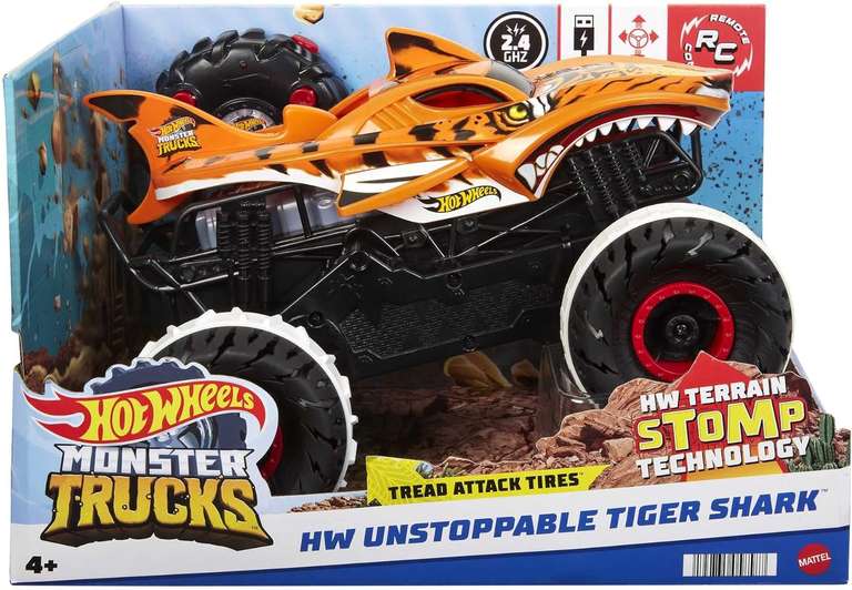 Hot Wheels Monster Trucks Niepowstrzymany Tiger Shark Pojazd terenowy, zdalnie sterowany, zabawka dla dzieci od 4 roku życia, HGV87