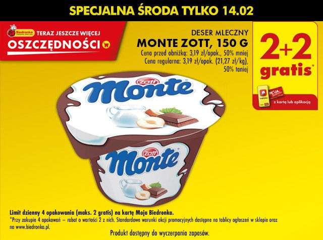Deser mleczny Monte Zott 150g 2+2 gratis Biedronka (cena 1,00 szt przy zakupie 4)